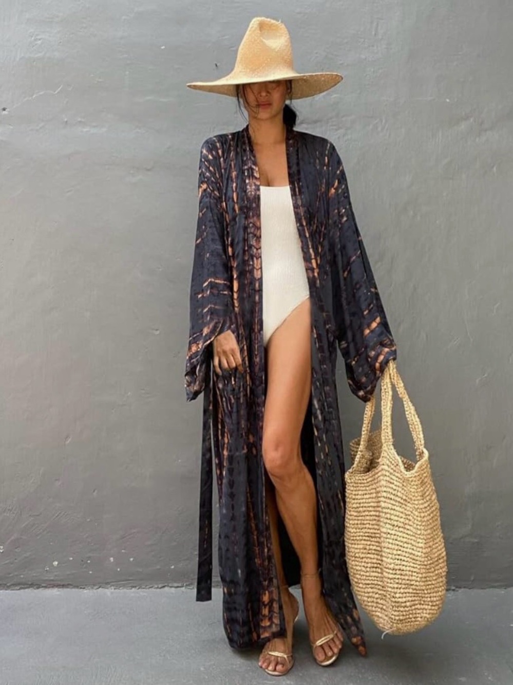 Long Black Tie-Dye Beach Kimono Cover-Up